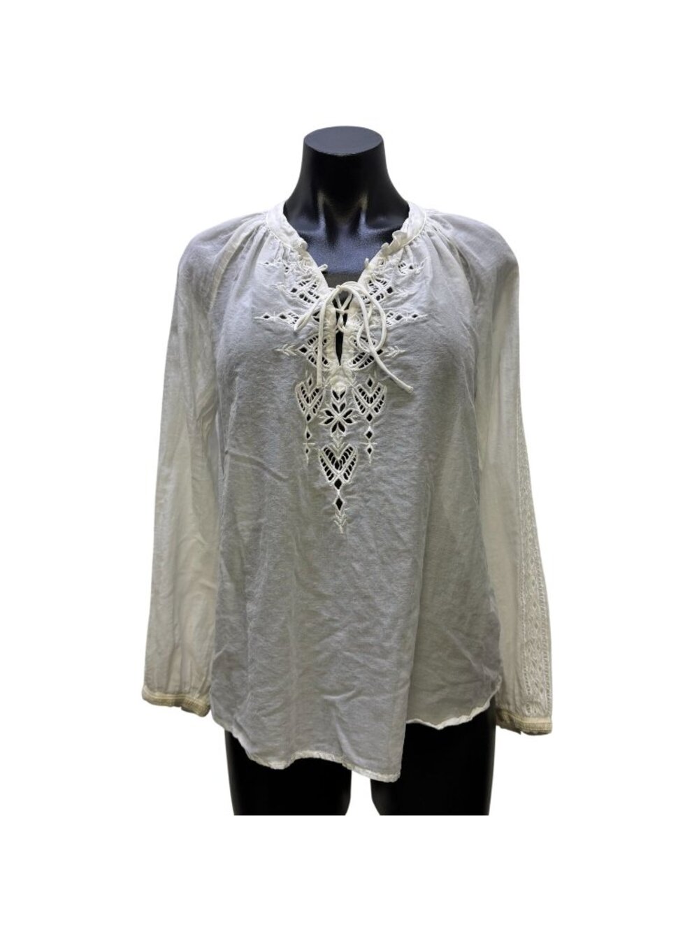 Jade Johnny Was White Embroidered Blouse With Tie Neck & Lace Details Size S